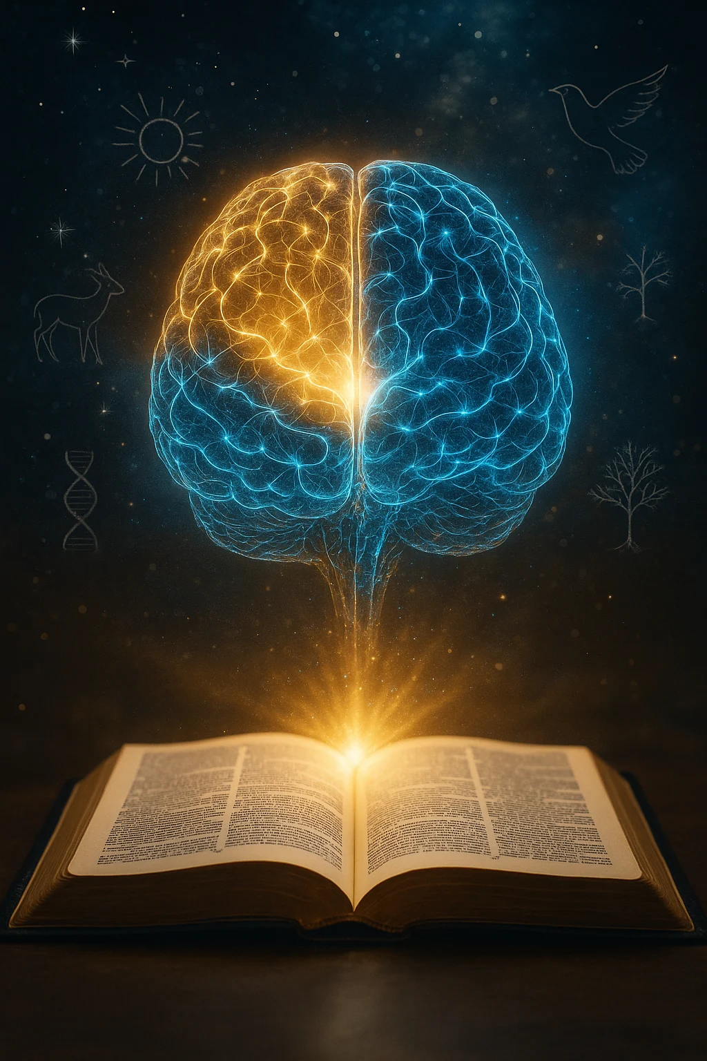 A glowing digital brain surrounded by scripture and creation symbols, symbolizing the interface of AI and spiritual truth.