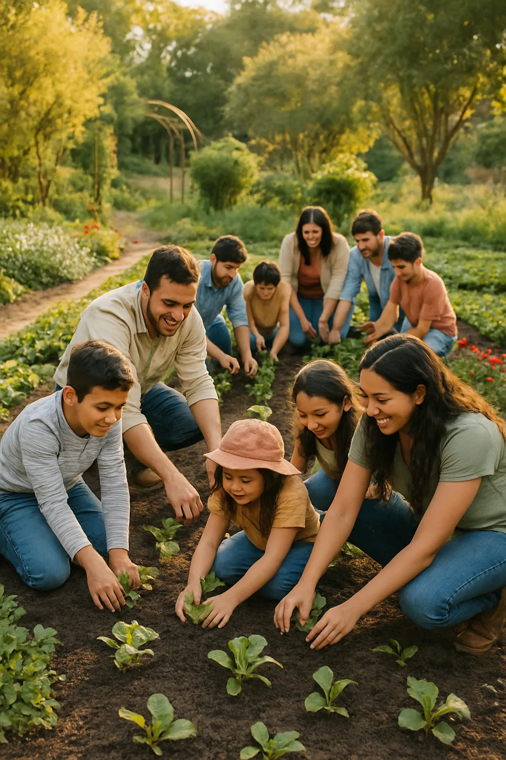 A family planting a garden together, representing restored life on Earth