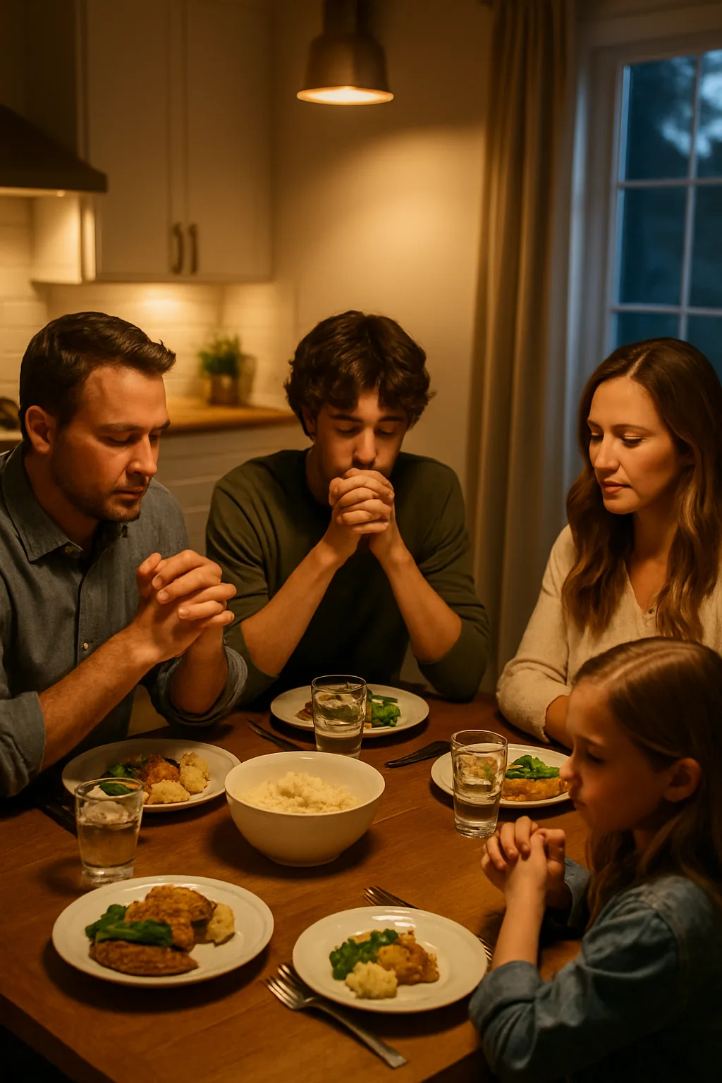 A family praying together at the dinner table