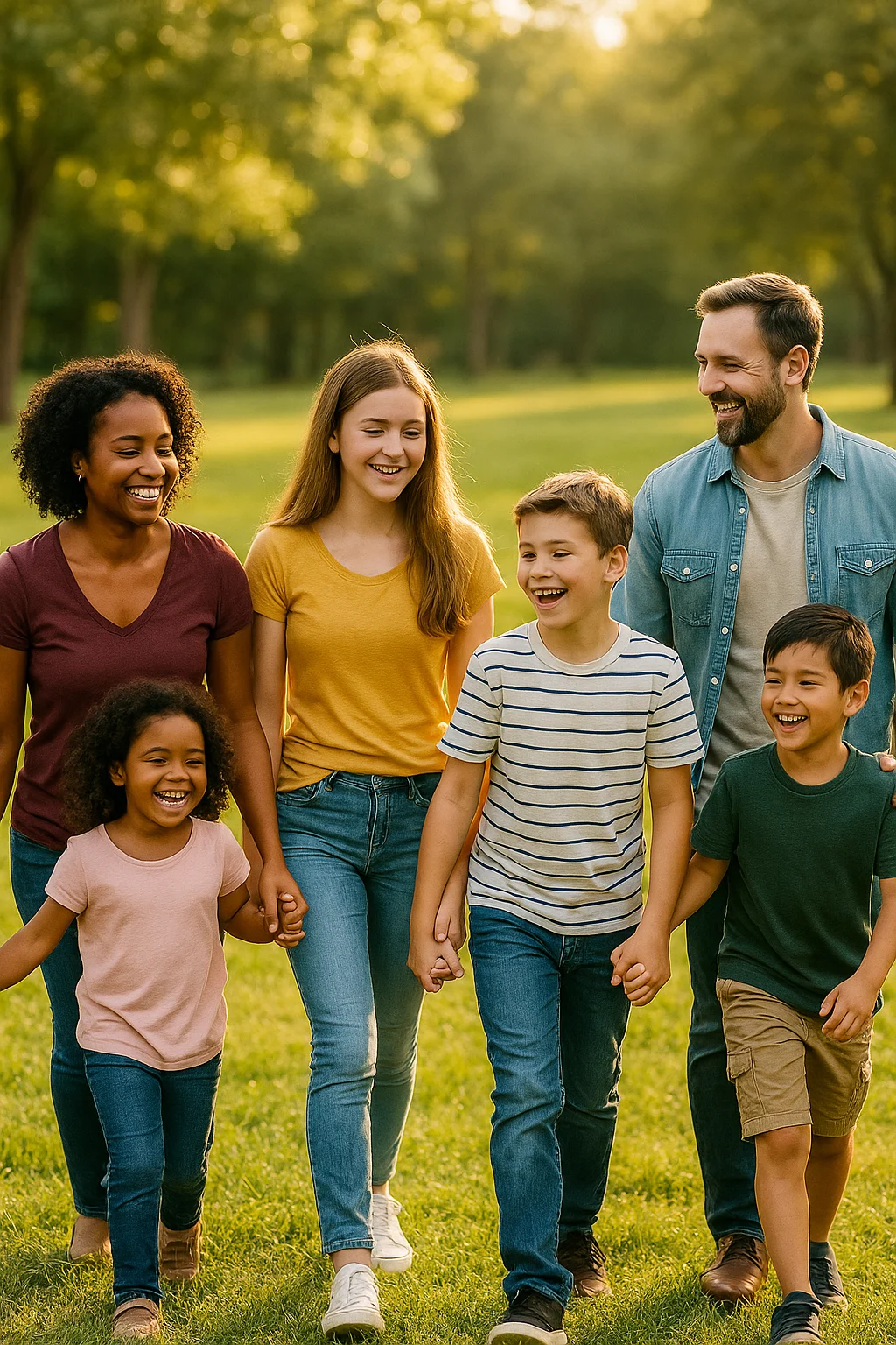 Smiling blended family enjoying outdoor time together