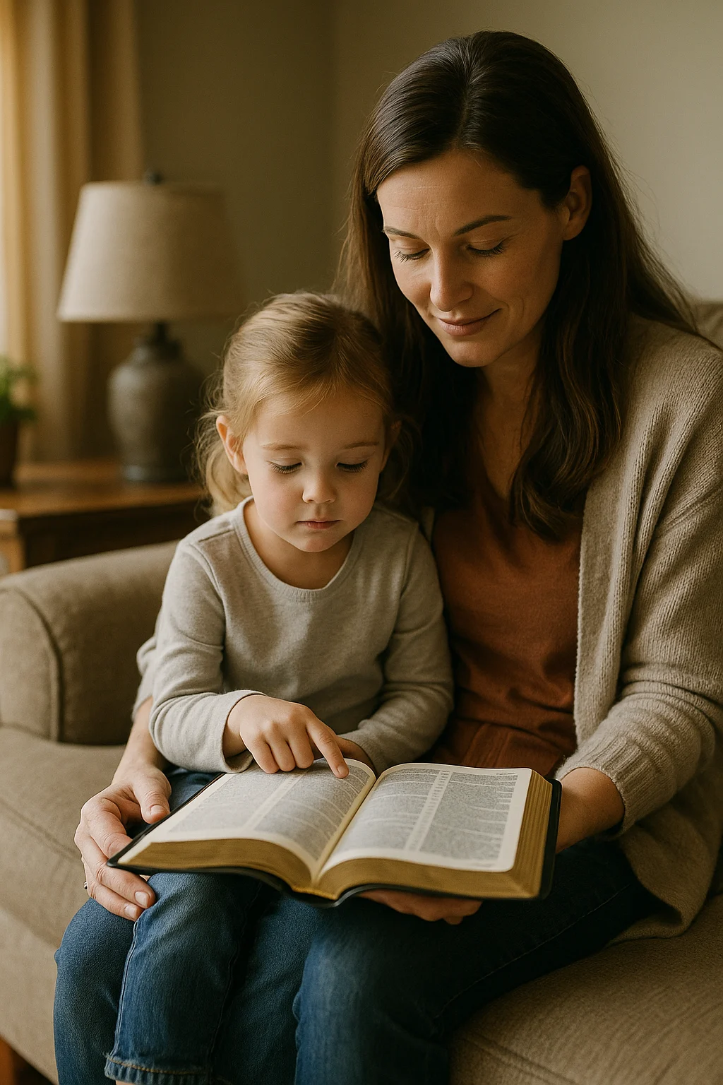 Parent and child reading the Bible together on the couch