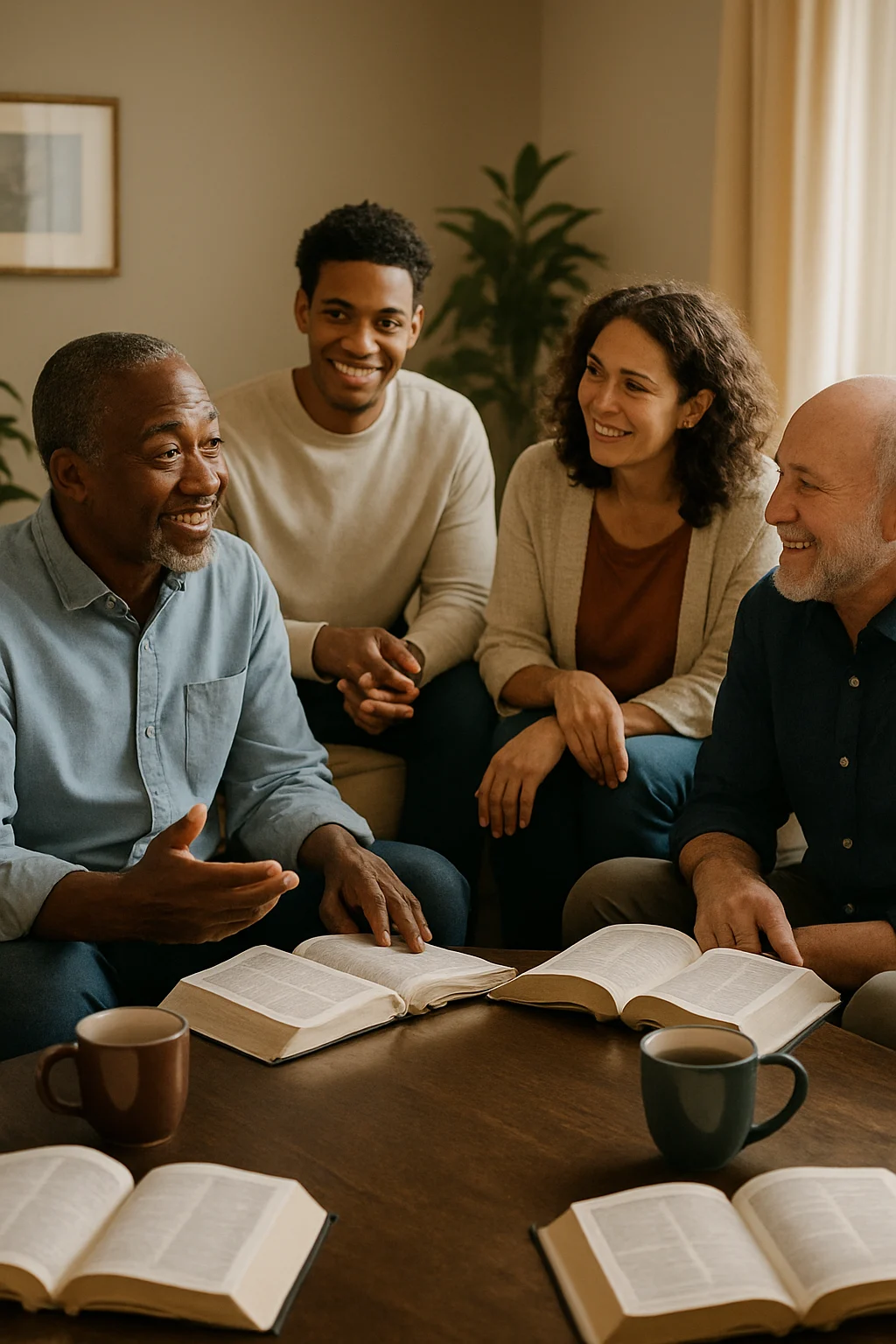 Group of diverse friends discussing with open Bibles in a living room