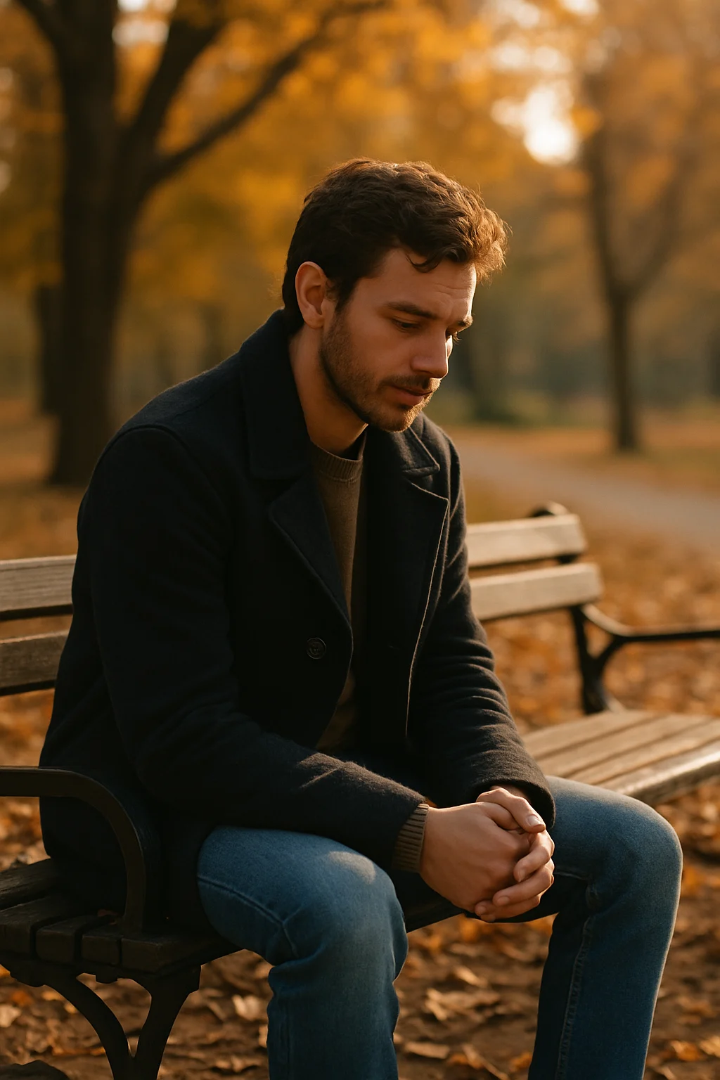 Man sitting alone on a park bench, looking reflective