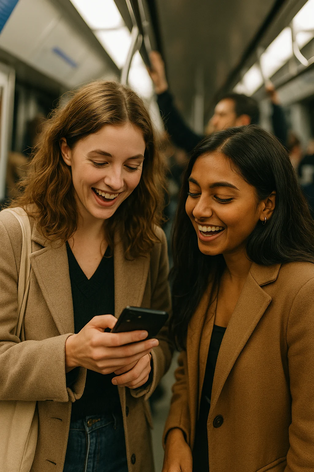 Person reading Bible message on her smart phone and excitedly sharing it with her friend