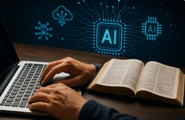 Hands typing on a laptop with a Bible beside them and AI icons in the background