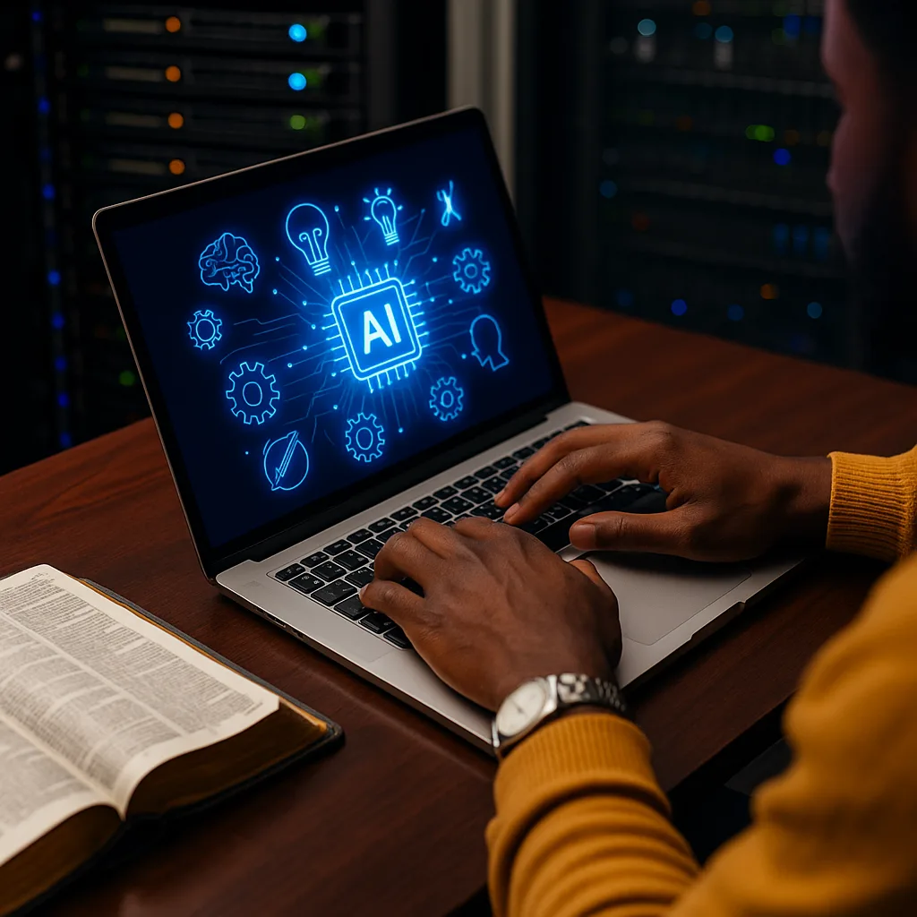 Hands typing on a laptop with a Bible beside them and AI icons in the background