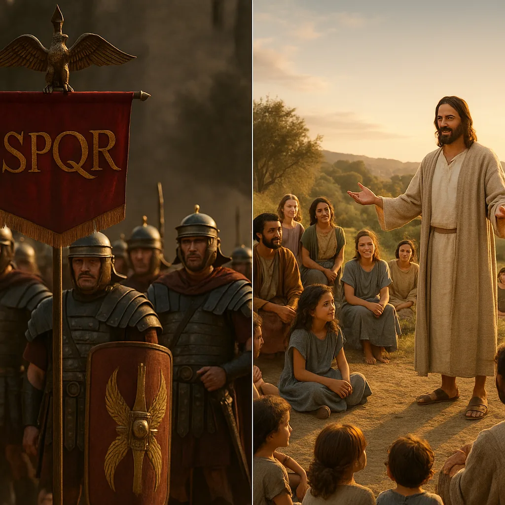 A Roman military banner contrasted with Jesus teaching peace and love