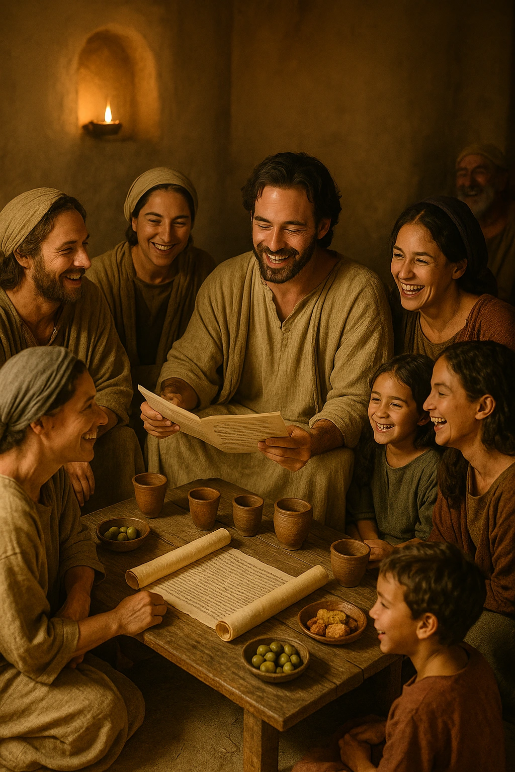 A peaceful home gathering of early believers sharing a simple meal and reading Scripture