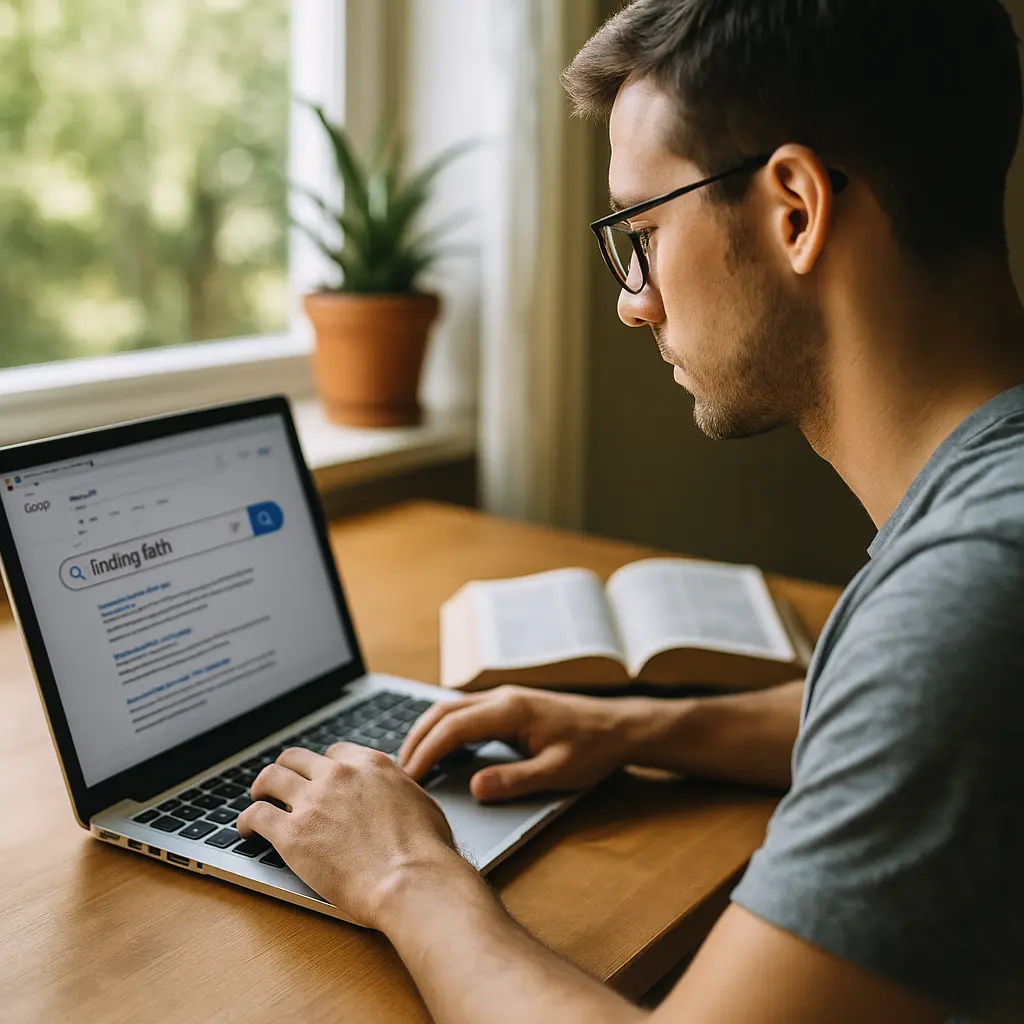 Person searching for faith-related answers on a laptop