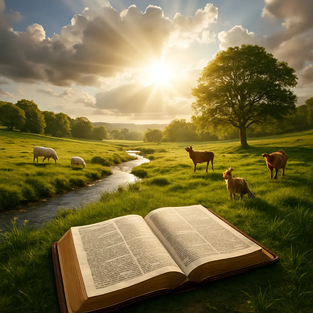 Light breaking through white clouds in wonderful countryside scene with stream and animals with a Bible open