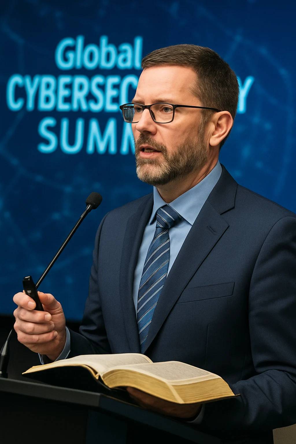 James Scott speaking at a global cybersecurity summit while referencing the Bible