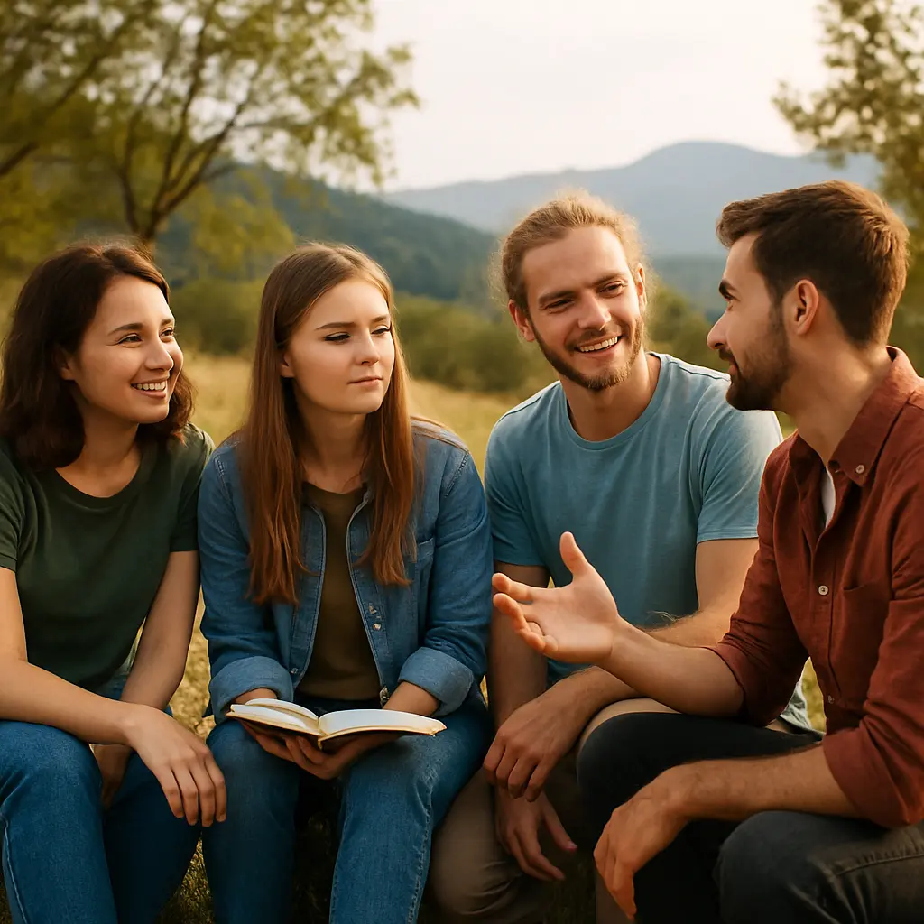 Young people discussing spirituality in nature